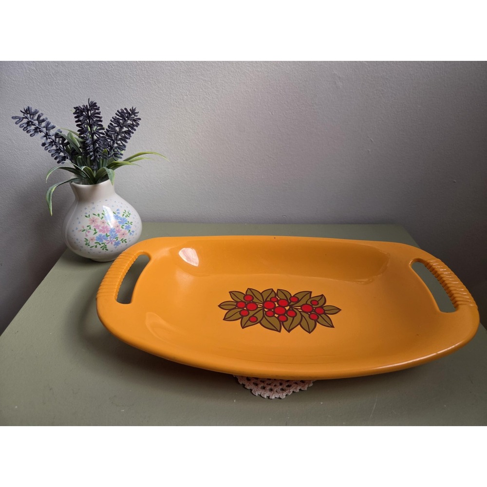 Vintage EM SA Orange Serving Tray West Germany Retro Floral Plastic